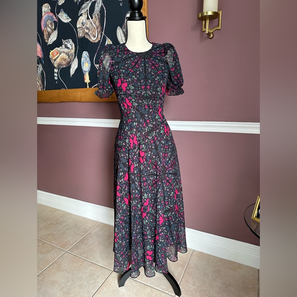 EUC Ted Baker Dania Floral Butterfly Print Puff Sleeve Maxi Dress Size 0